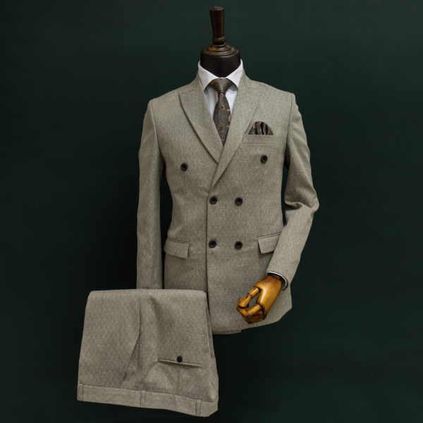 کت و شلوار مردانه دبل برست کرم طرح‌دار اسلپ ‌