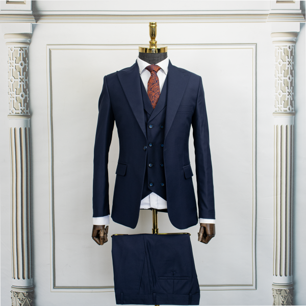 کت و شلوار سرمه ای مگا با جلیقه یقه دار