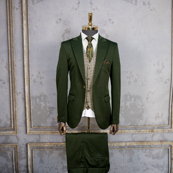 کت و شلوار سبز کش با جلیقه دبل فیس