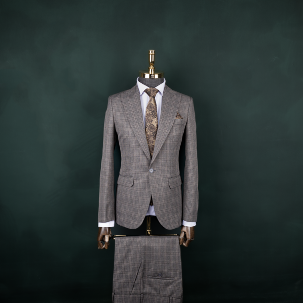 کت و شلوار خاکی چهارخانه درشت فاستونی