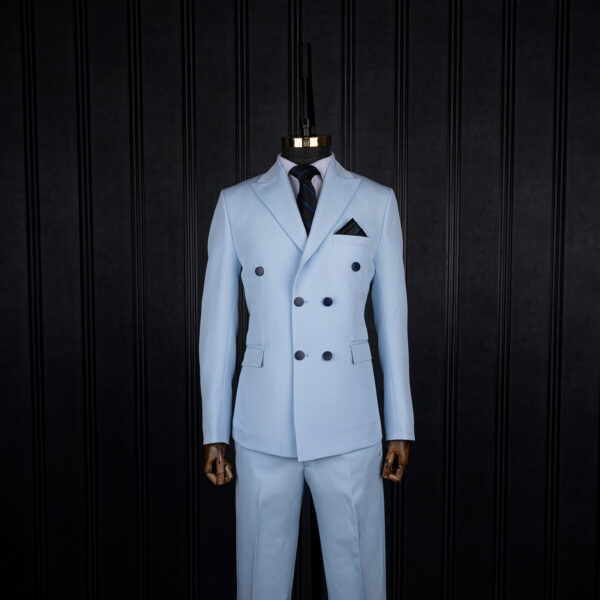 کت و شلوار آبی آسمانی کرپ دبل برست